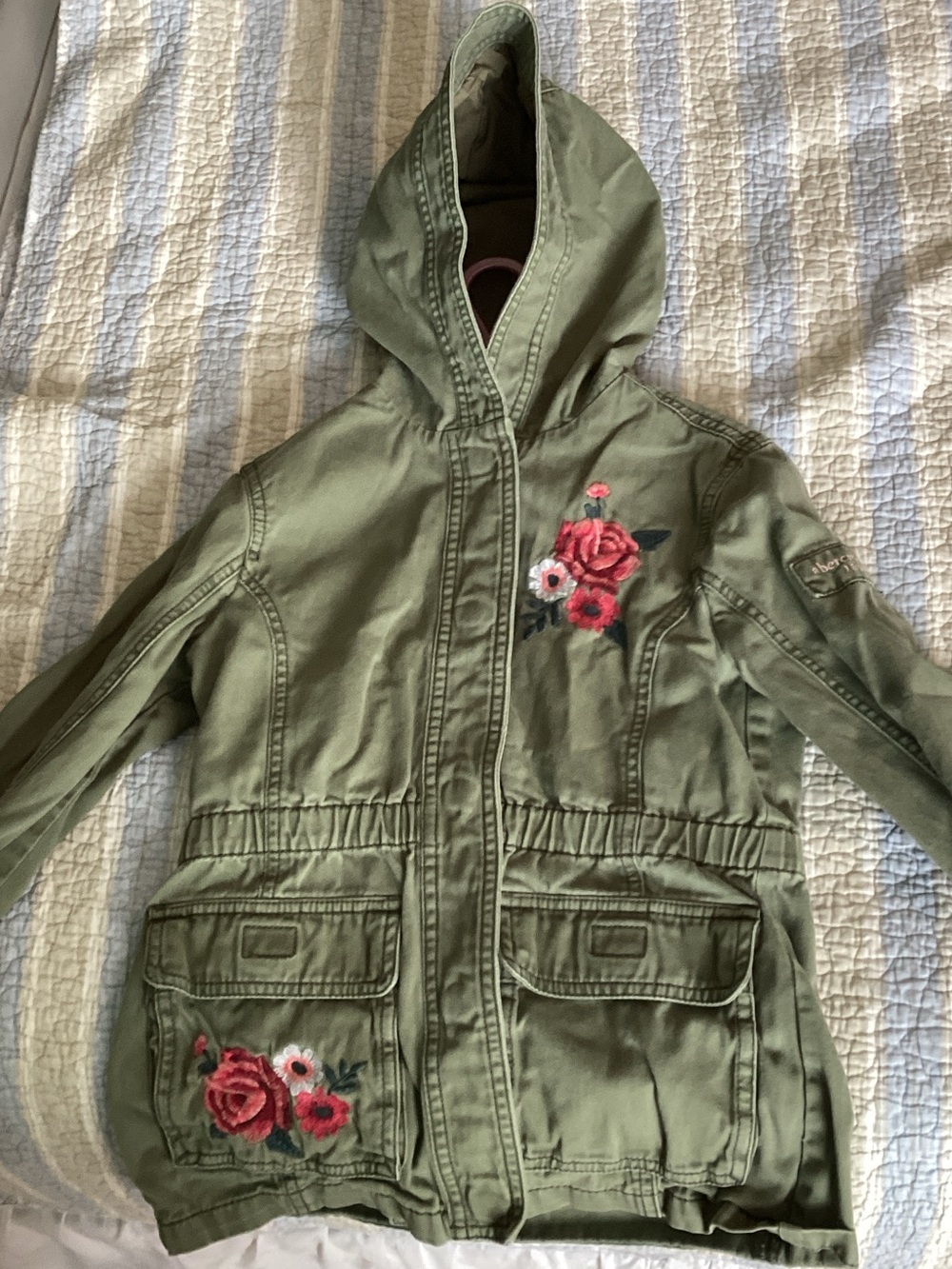 abercrombie kids Olive Green Hooded Raincoat with Rose Embroidery